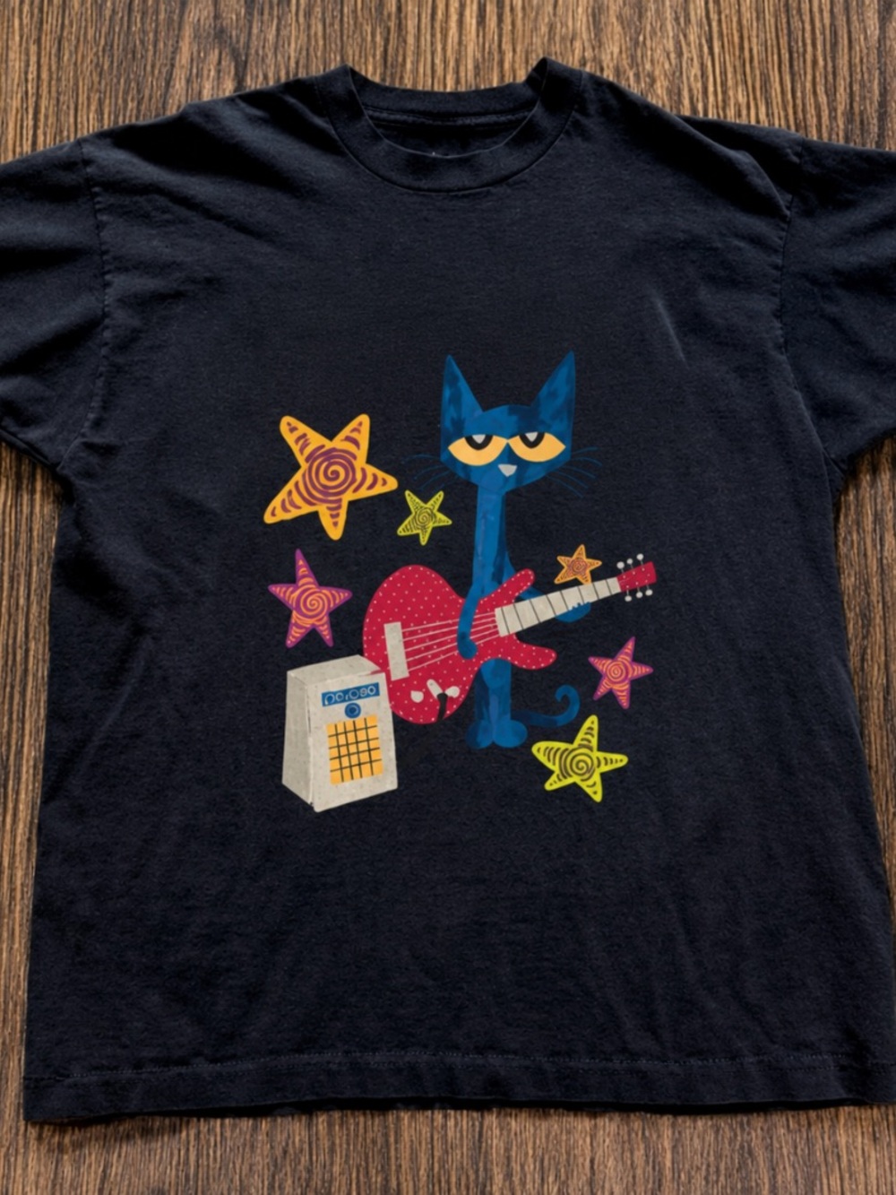 Gildan Black Tee with Blue Cat & Red Guitar Graphic